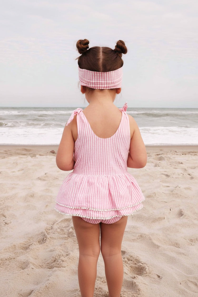 Tiered Skirt with White Pom Trim | Seersucker Dusty Pink