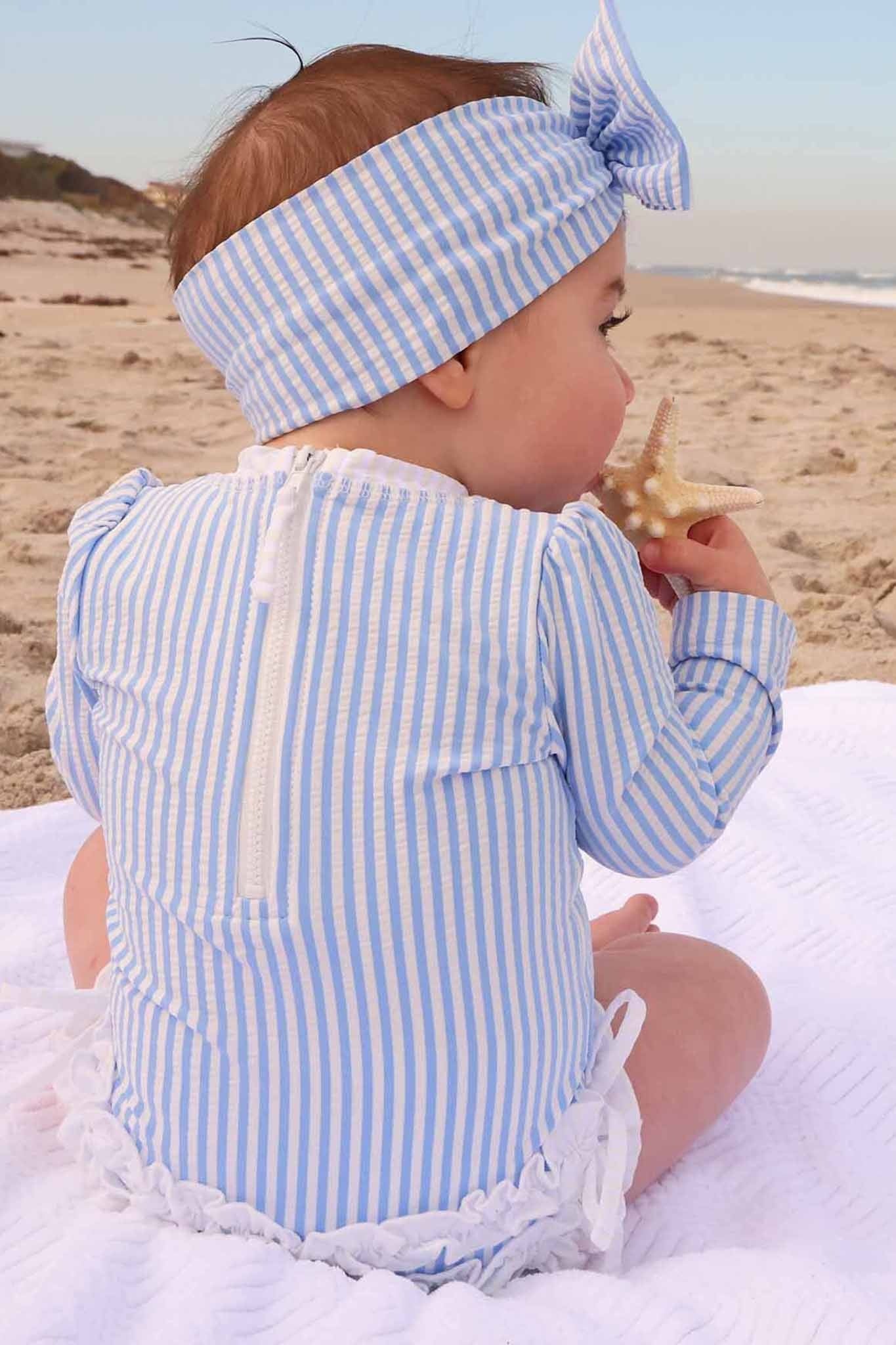 Long Sleeve Rash Guard With Ruffle Bottom | Seersucker Blue