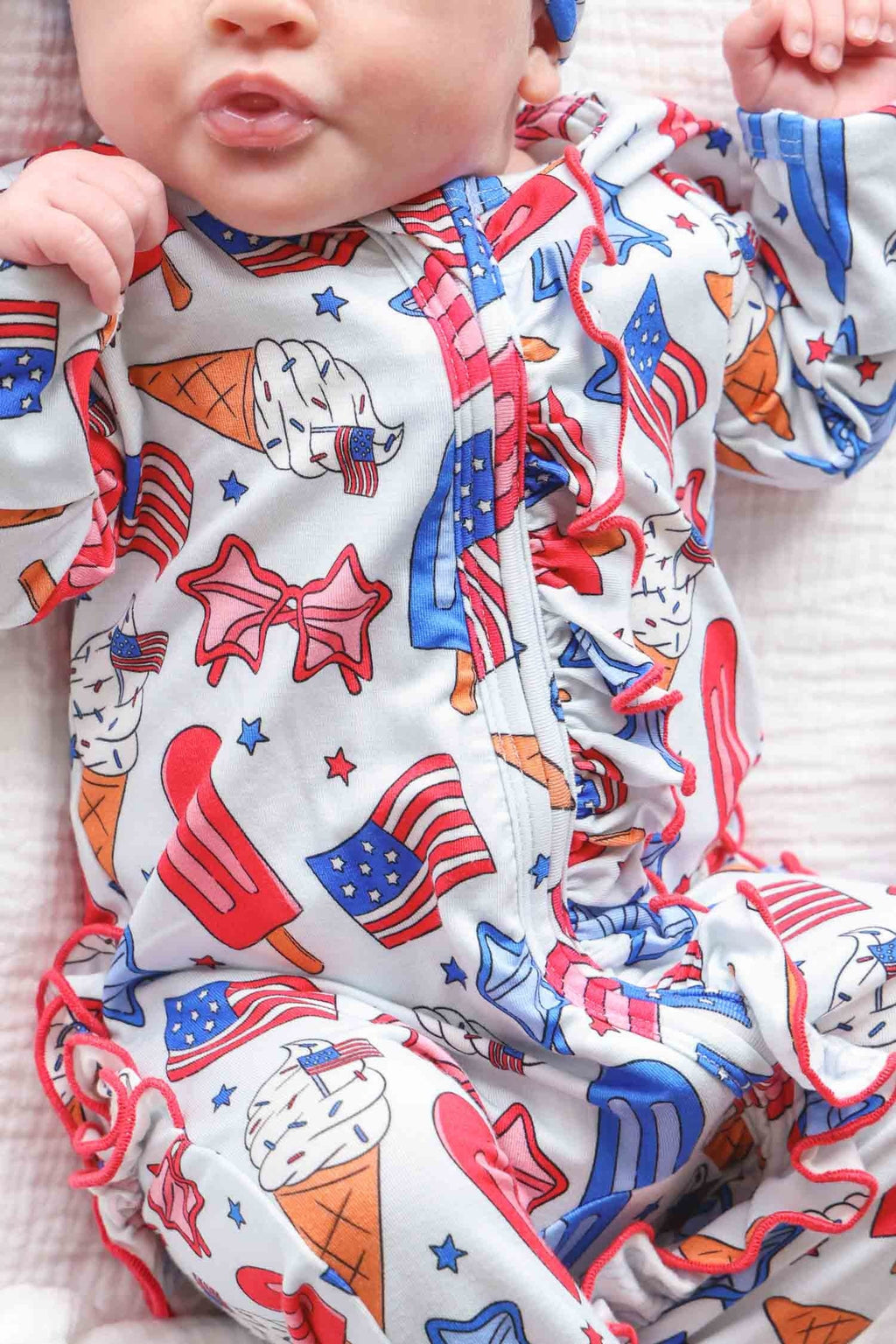 Ruffle Zipper Footie | Red, White & Cool