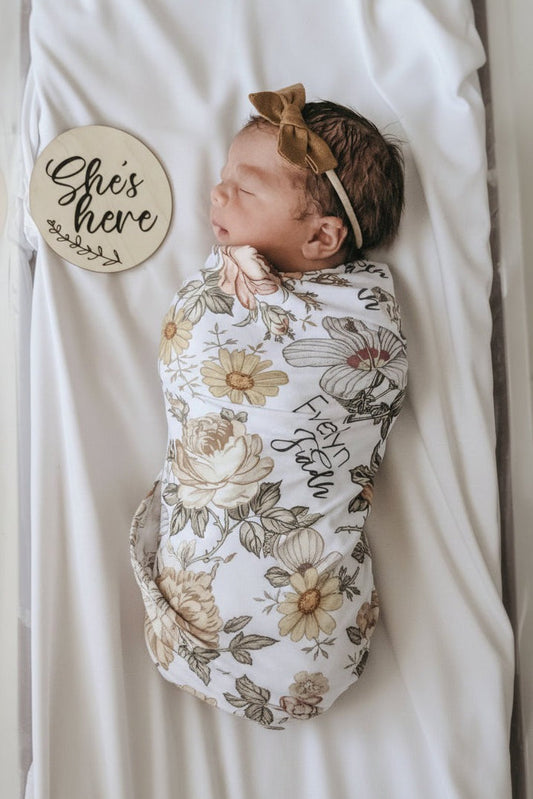Peyton's Vintage Floral Personalized Baby Name Swaddle Blanket