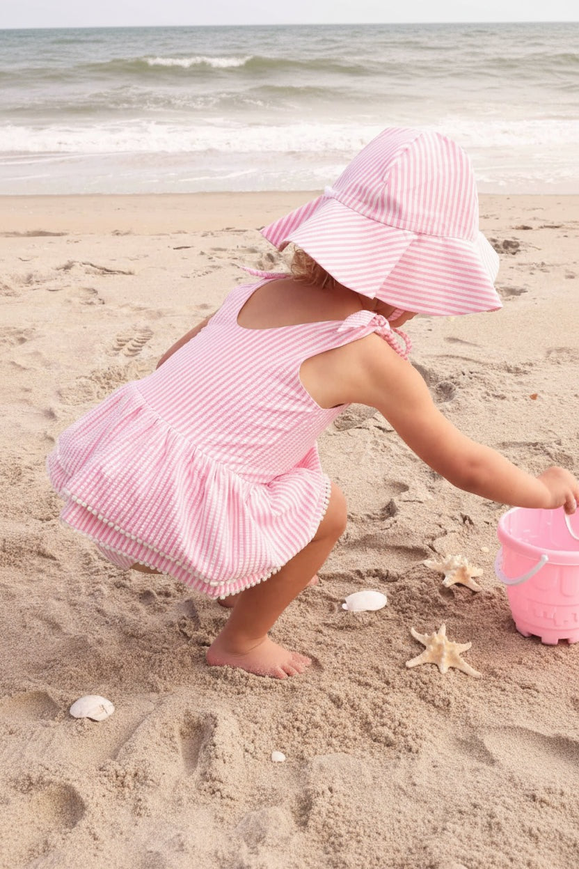 Tiered Skirt with White Pom Trim | Seersucker Dusty Pink