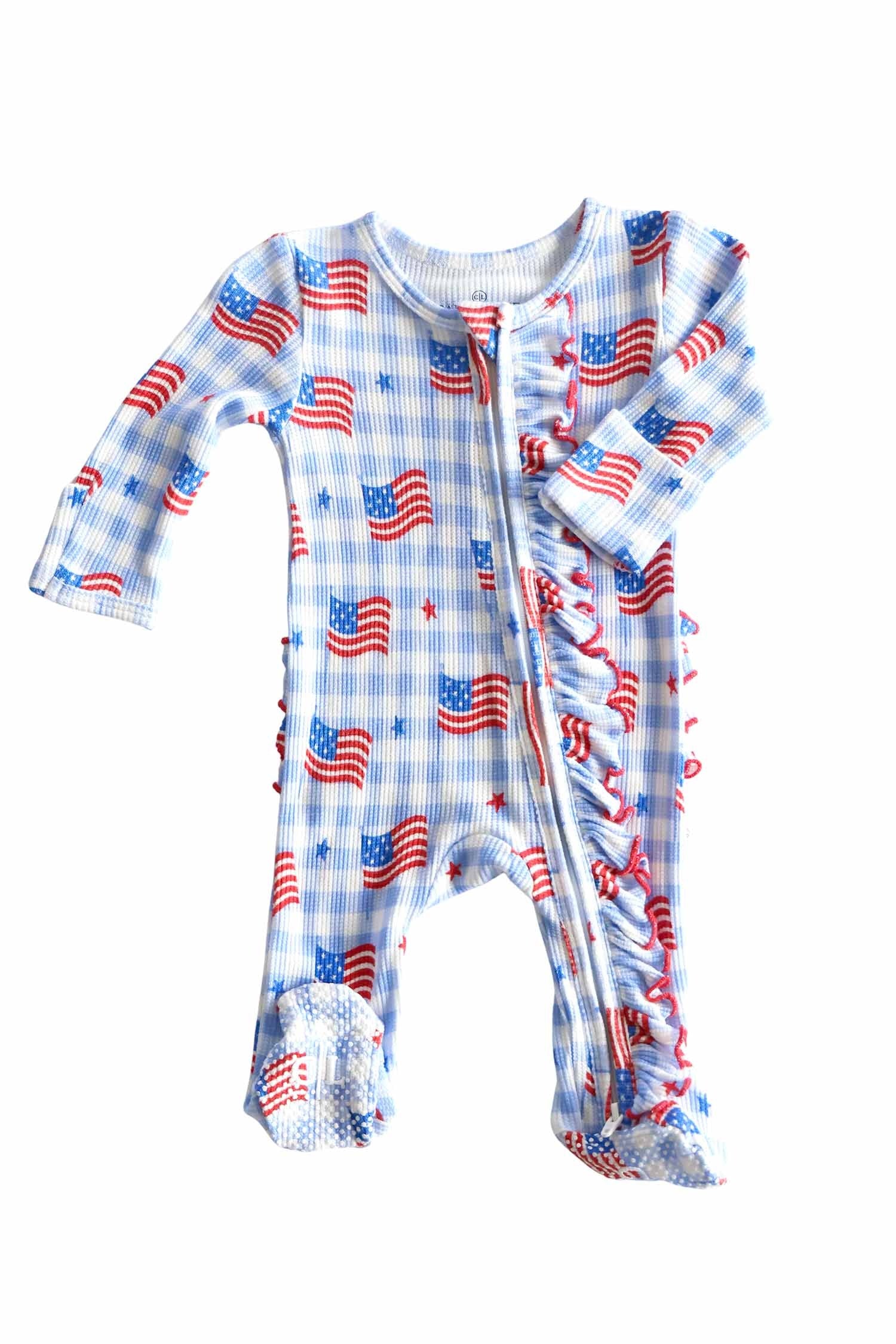 Bamboo Waffle Ruffle Zipper Footie | Star-Spangled Picnic