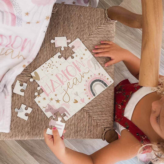 Kids Personalized 30 Piece Puzzle | Unicorn & Rainbow Party