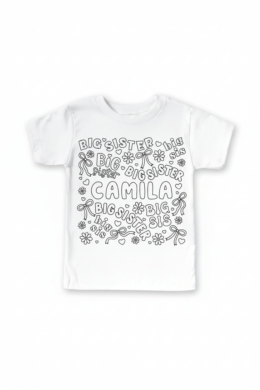 Colorable Big Sis Personalized Kids Graphic Tee | White