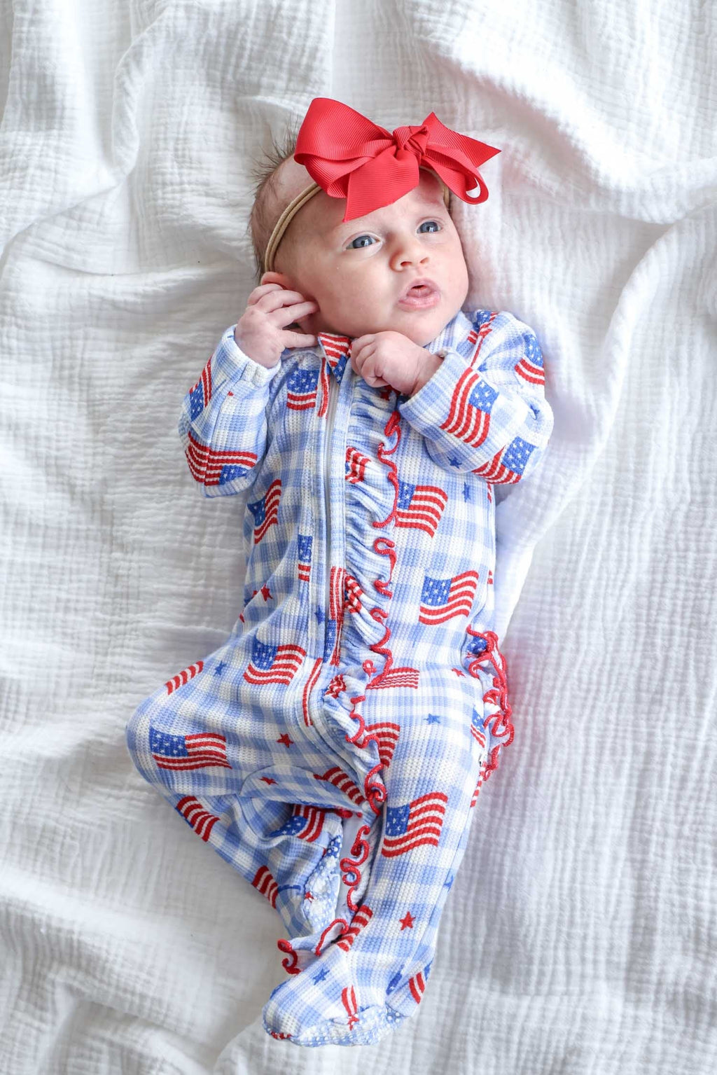 Bamboo Waffle Ruffle Zipper Footie | Star-Spangled Picnic