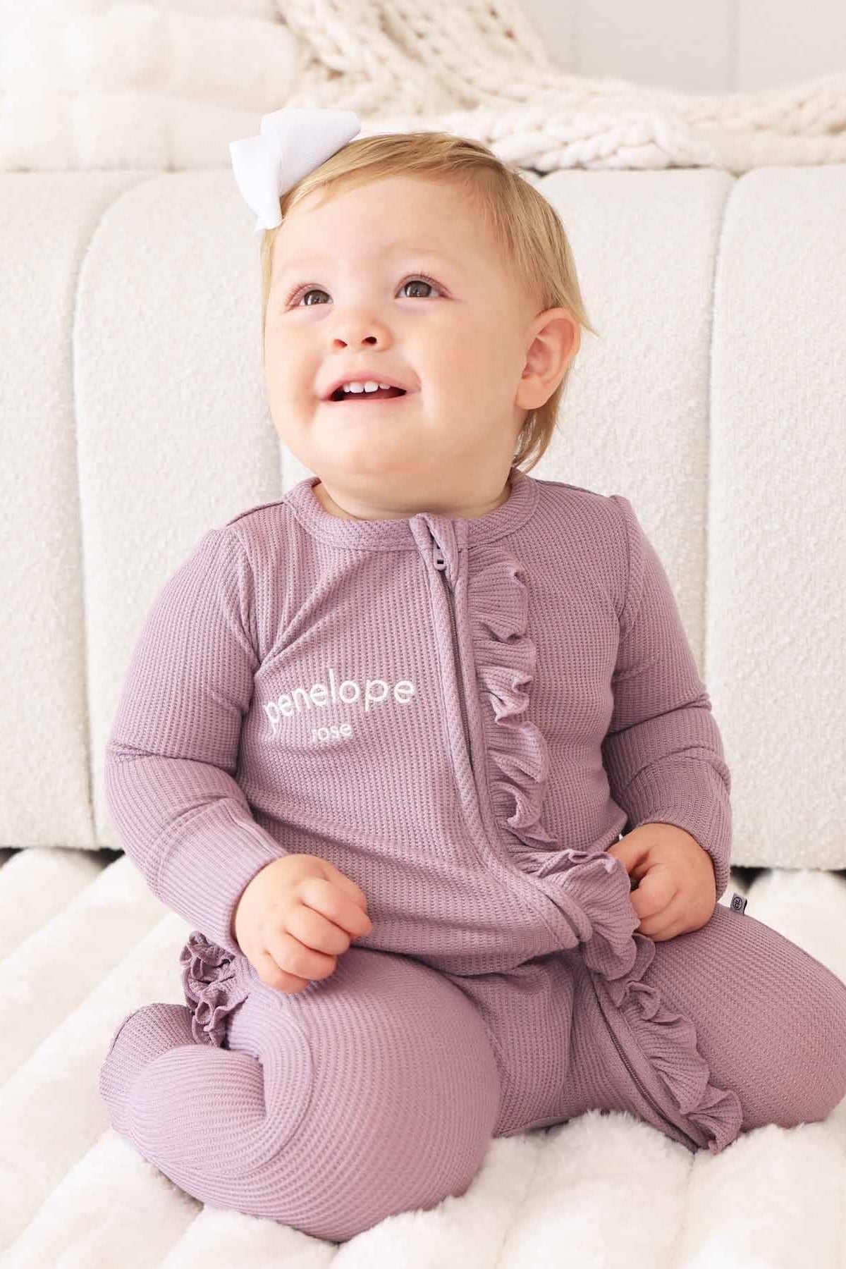 Embroidered Bamboo Waffle Zipper Ruffle Footie | Amethyst