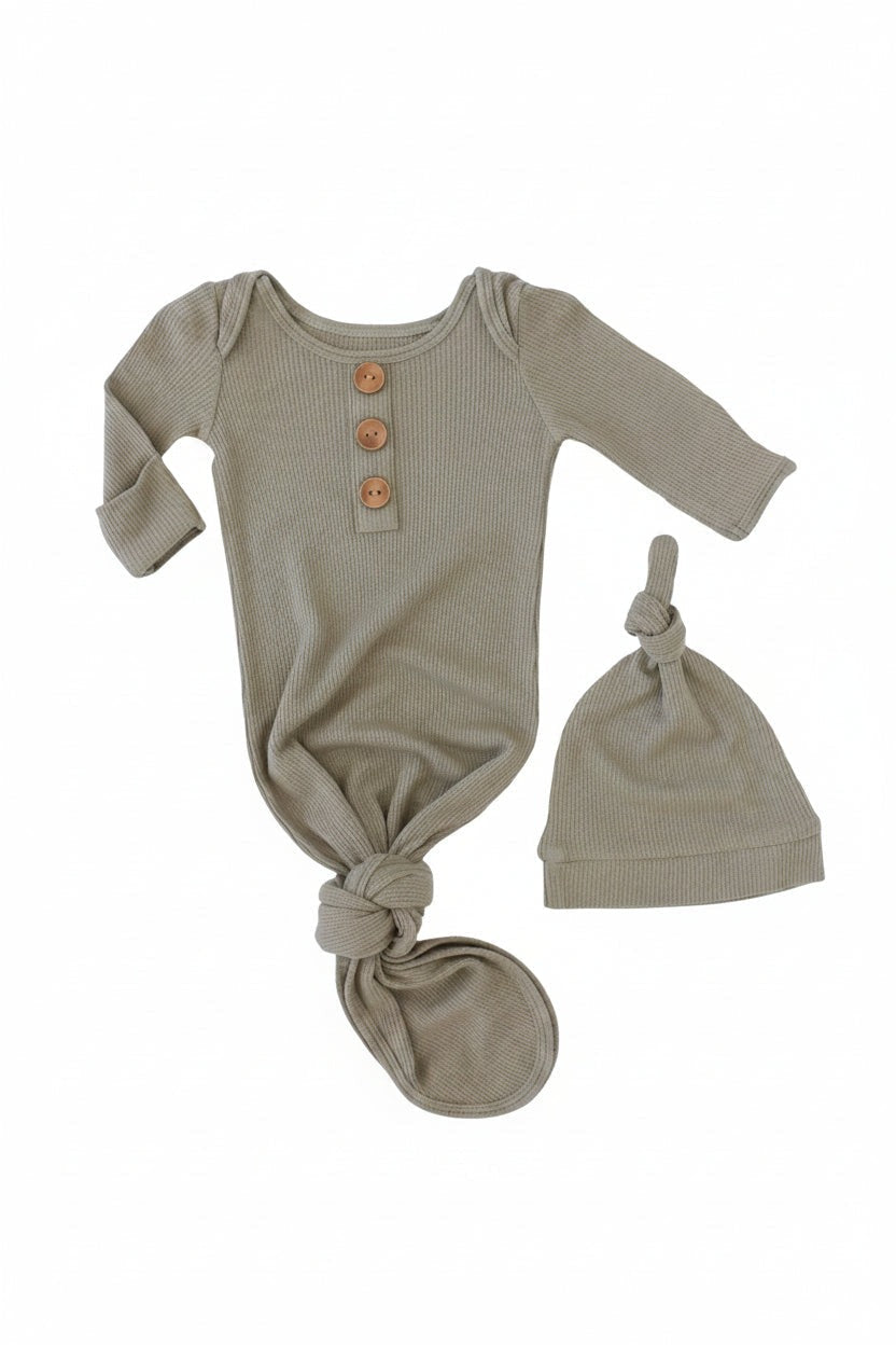 Eucalyptus Bamboo Waffle Newborn Baby Knot Gown & Hat Set