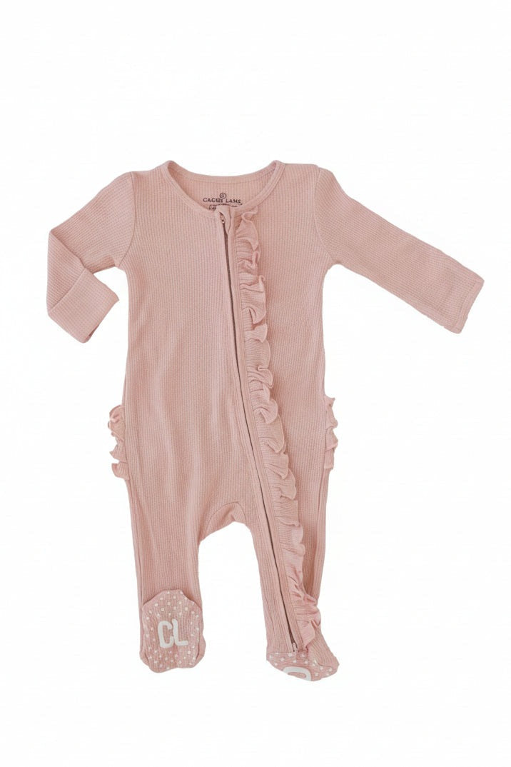 Lovely Pink Bamboo Waffle Ruffle Zipper Footie