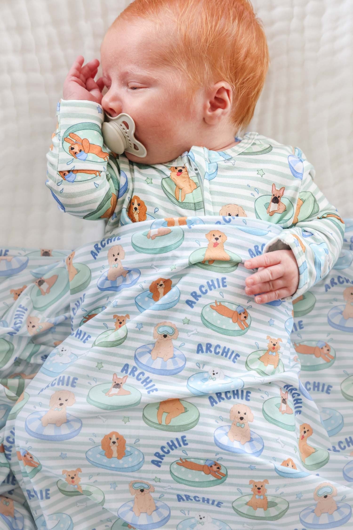 Personalized Swaddle Blanket | Poolside Pups Blue