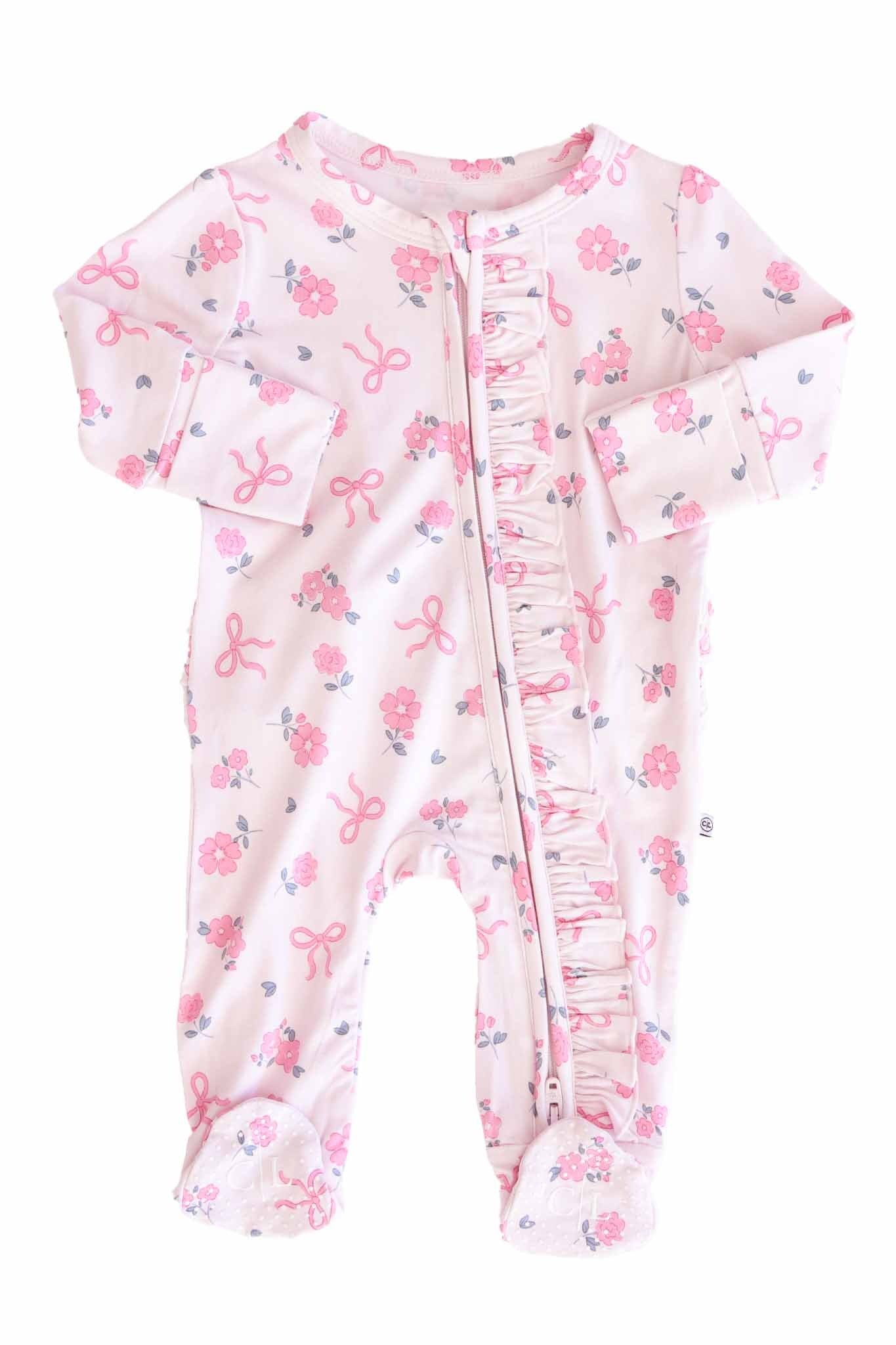 Ribbon & Roses Ruffle Zipper Footie | Pink