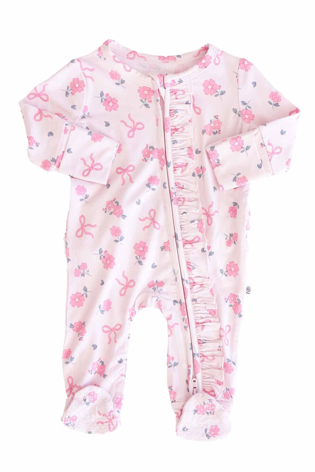 Ribbon & Roses Ruffle Zipper Footie | Pink