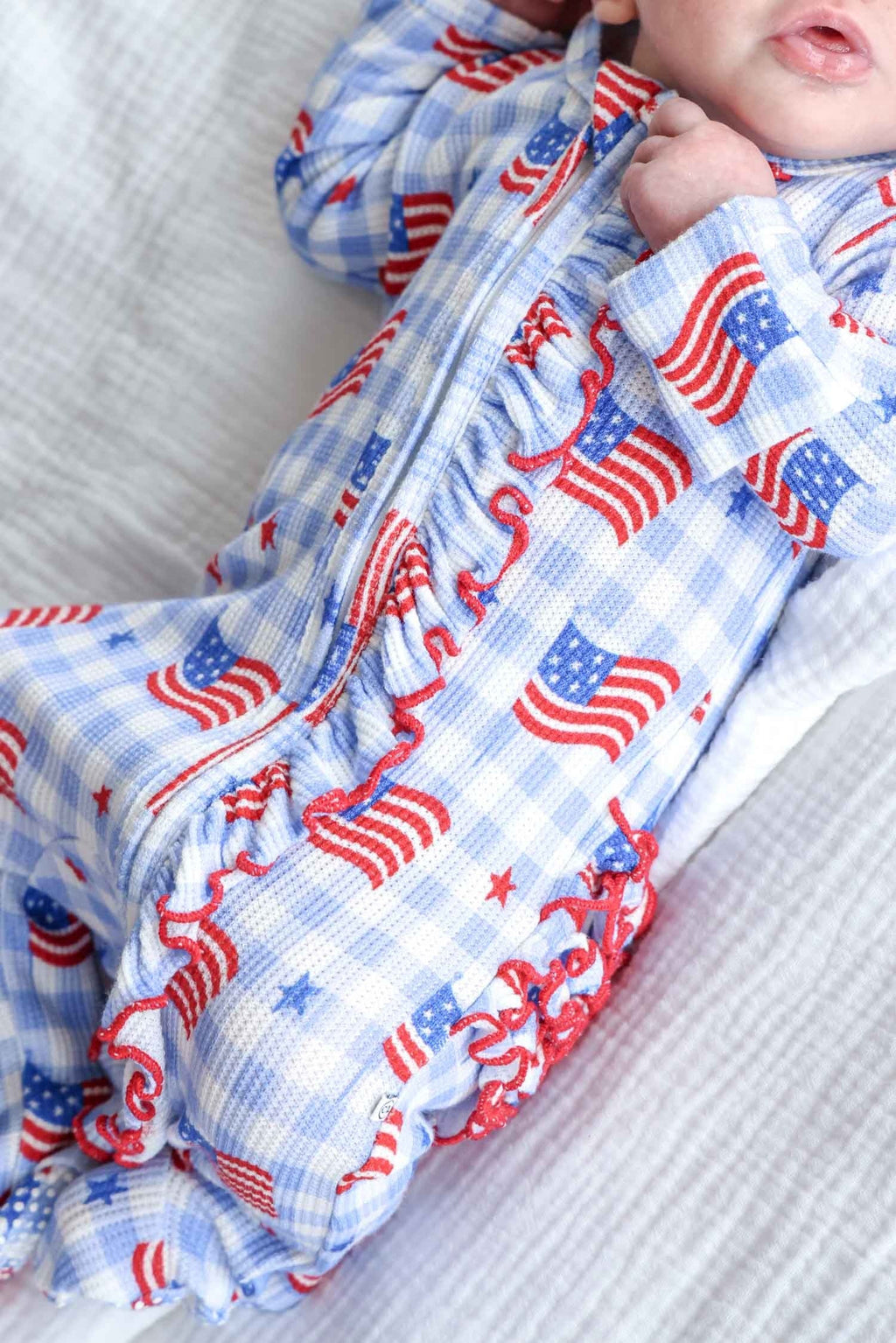 Bamboo Waffle Ruffle Zipper Footie | Star-Spangled Picnic