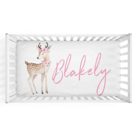 Blakely's Woodland Deer Personalized Crib Sheet