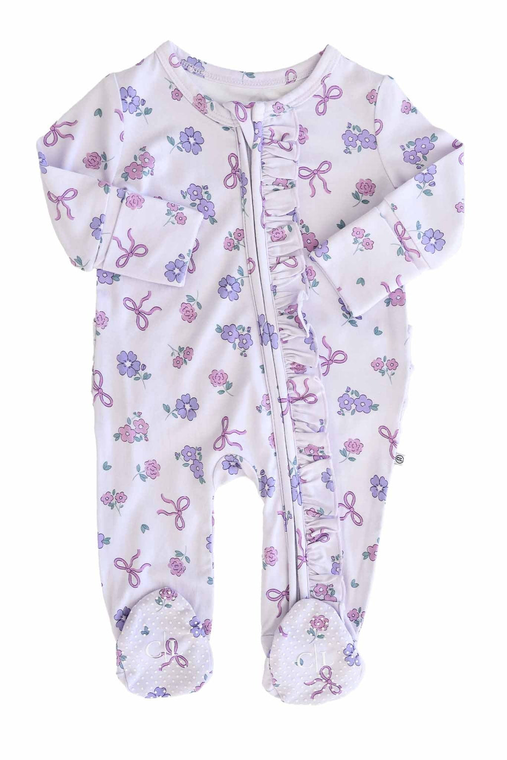 Ribbon & Roses Ruffle Zipper Footie | Purple