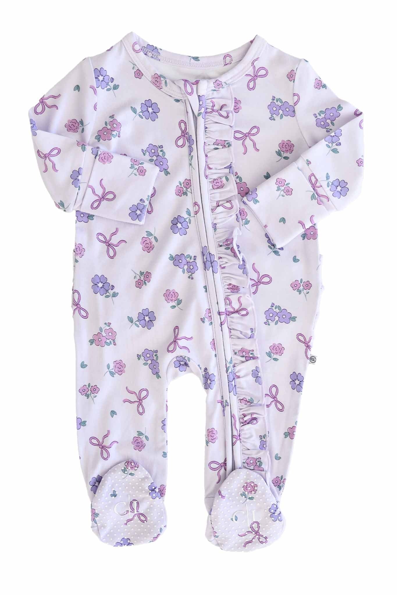 Ribbon & Roses Ruffle Zipper Footie | Purple
