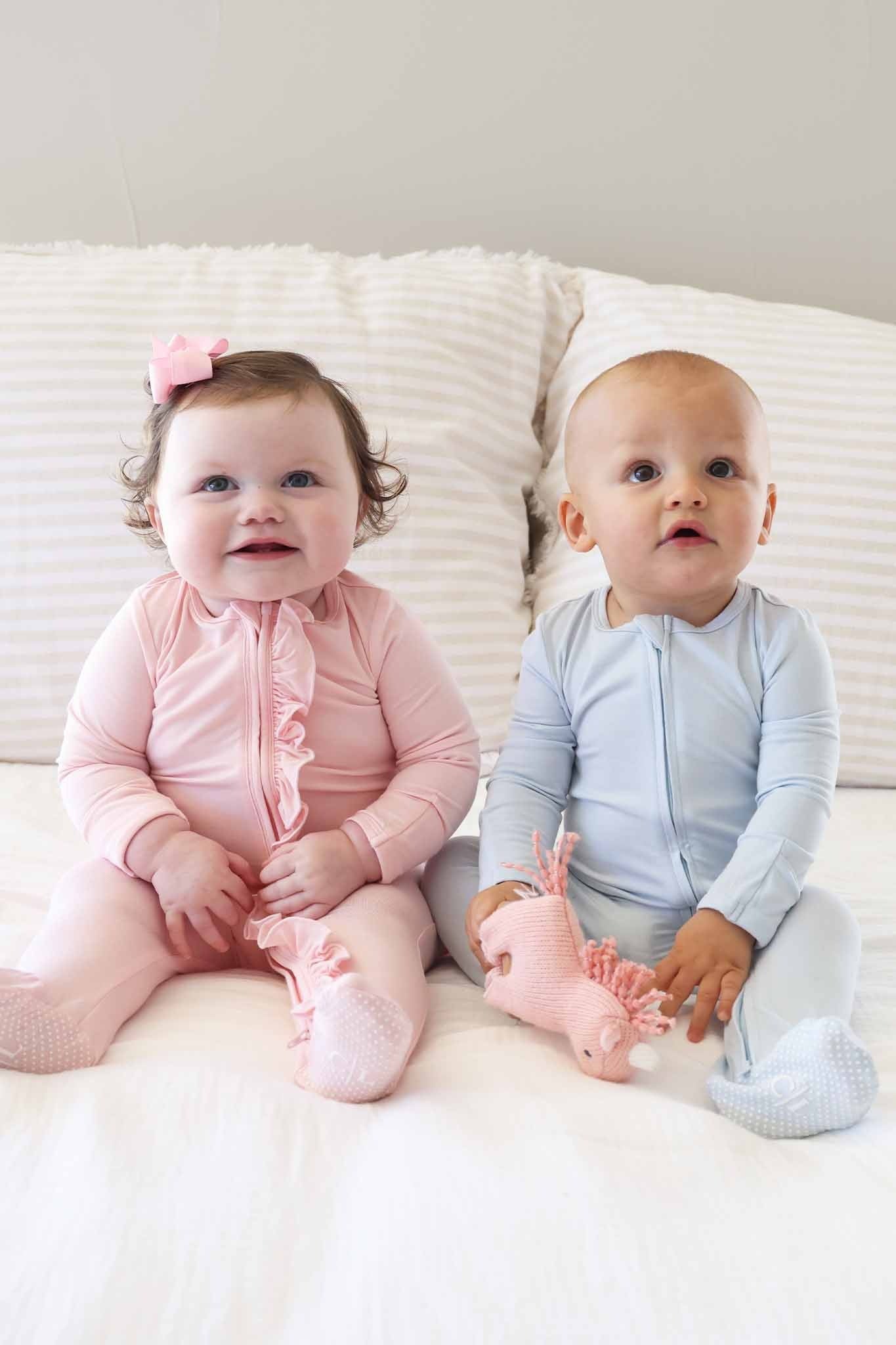 Baby Pink Bamboo Ruffle Zipper Footie