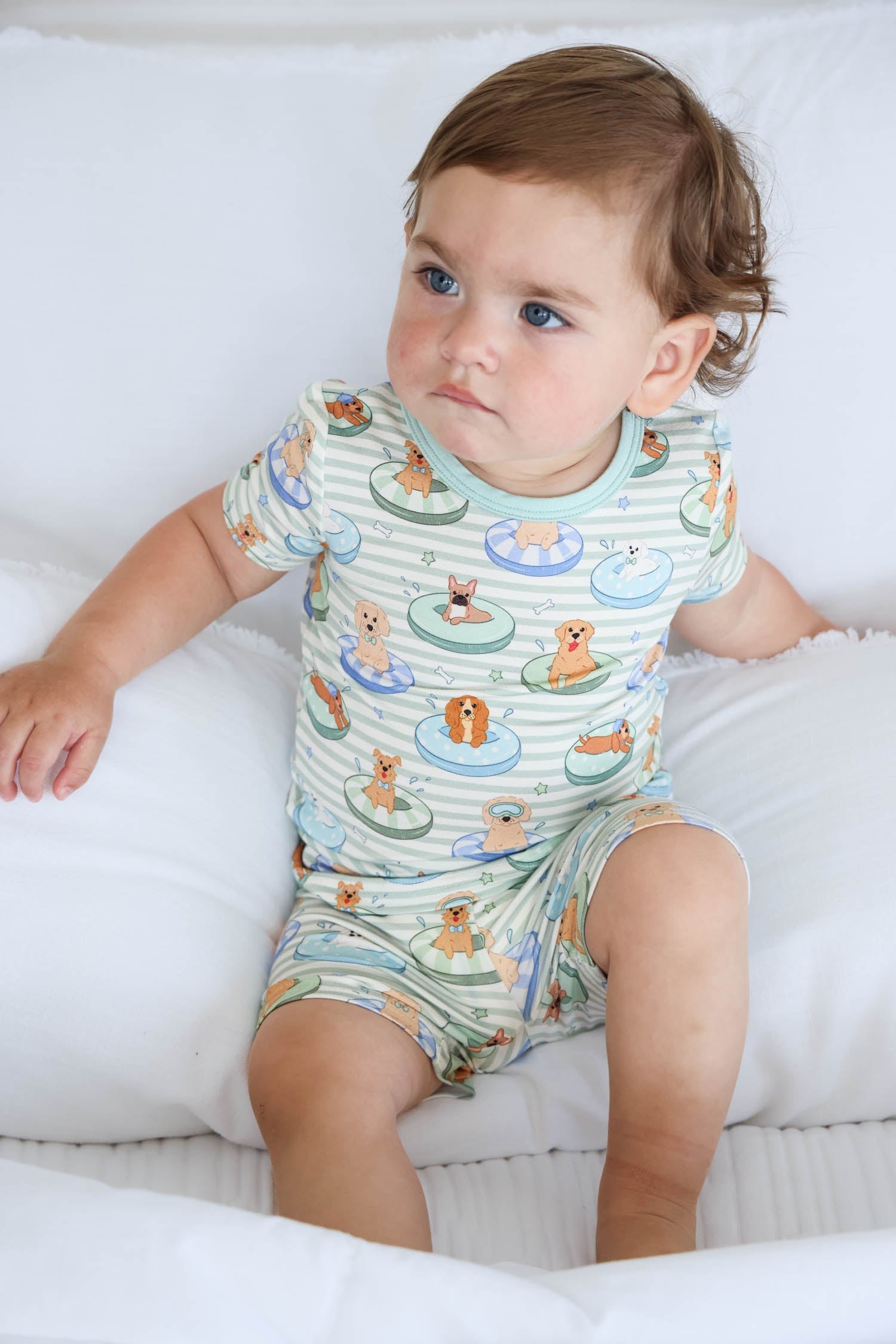 Two Piece Short Pajama Set | Poolside Pups Blue