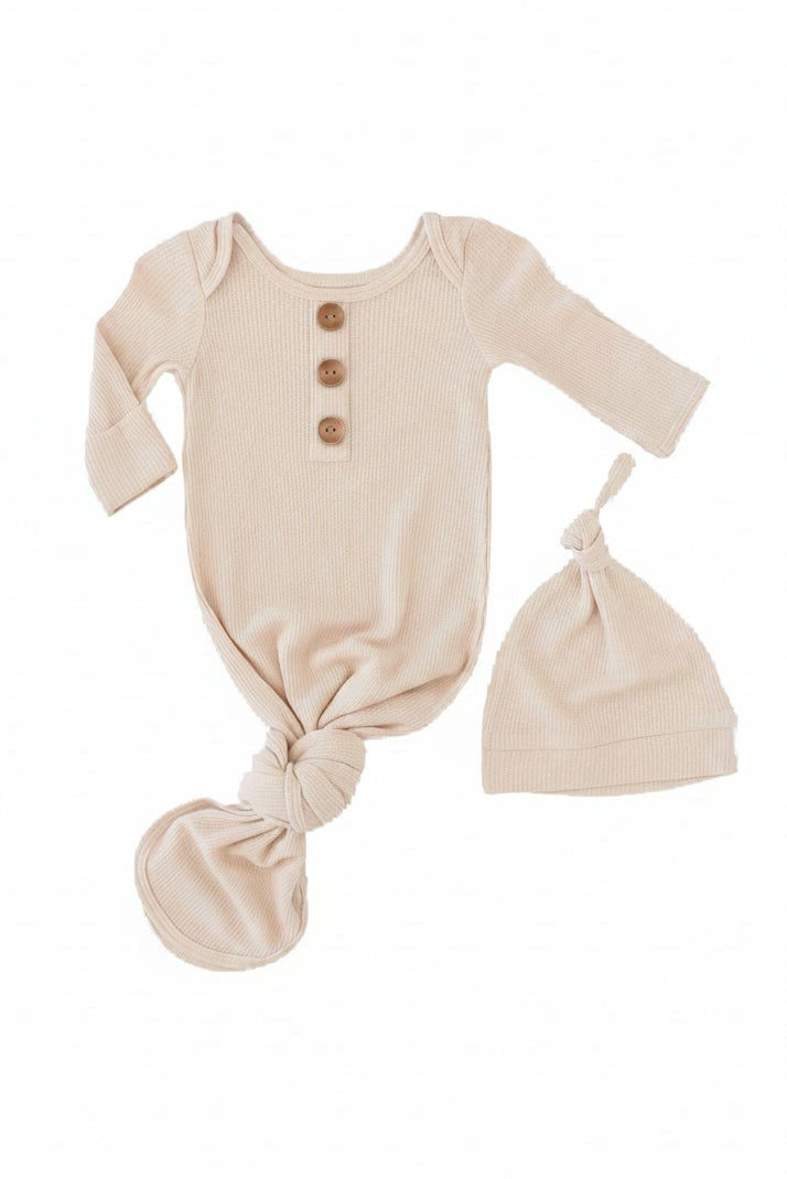 Oatmeal Bamboo Waffle Newborn Baby Knot Gown & Hat Set