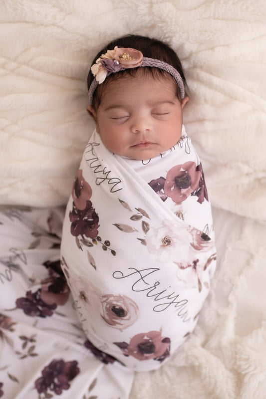 Demi's Dusty Purple Floral Personalized Baby Name Swaddle