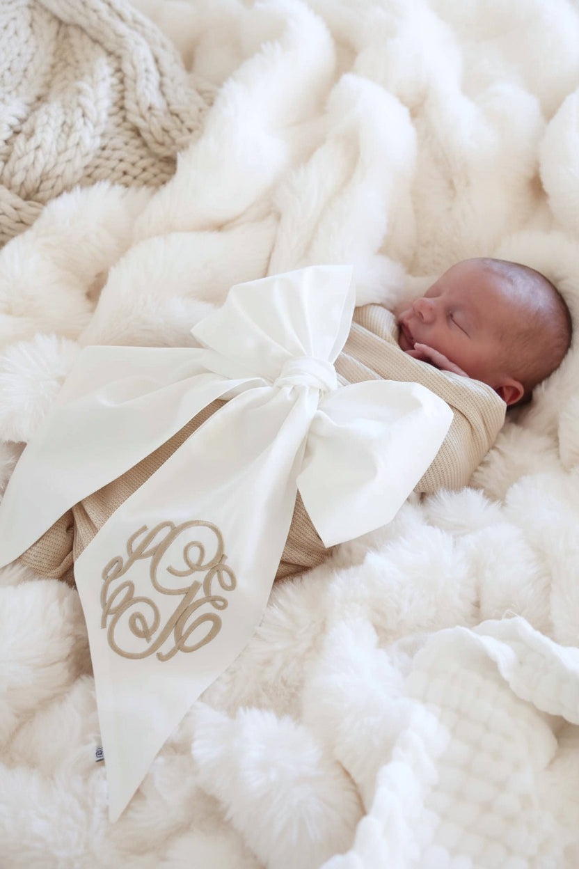 Personalized Newborn Bow Sash | Ivory