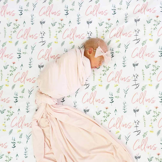 Lilly's Wildflower Leaves Personalized Baby Name Swaddle Blanket