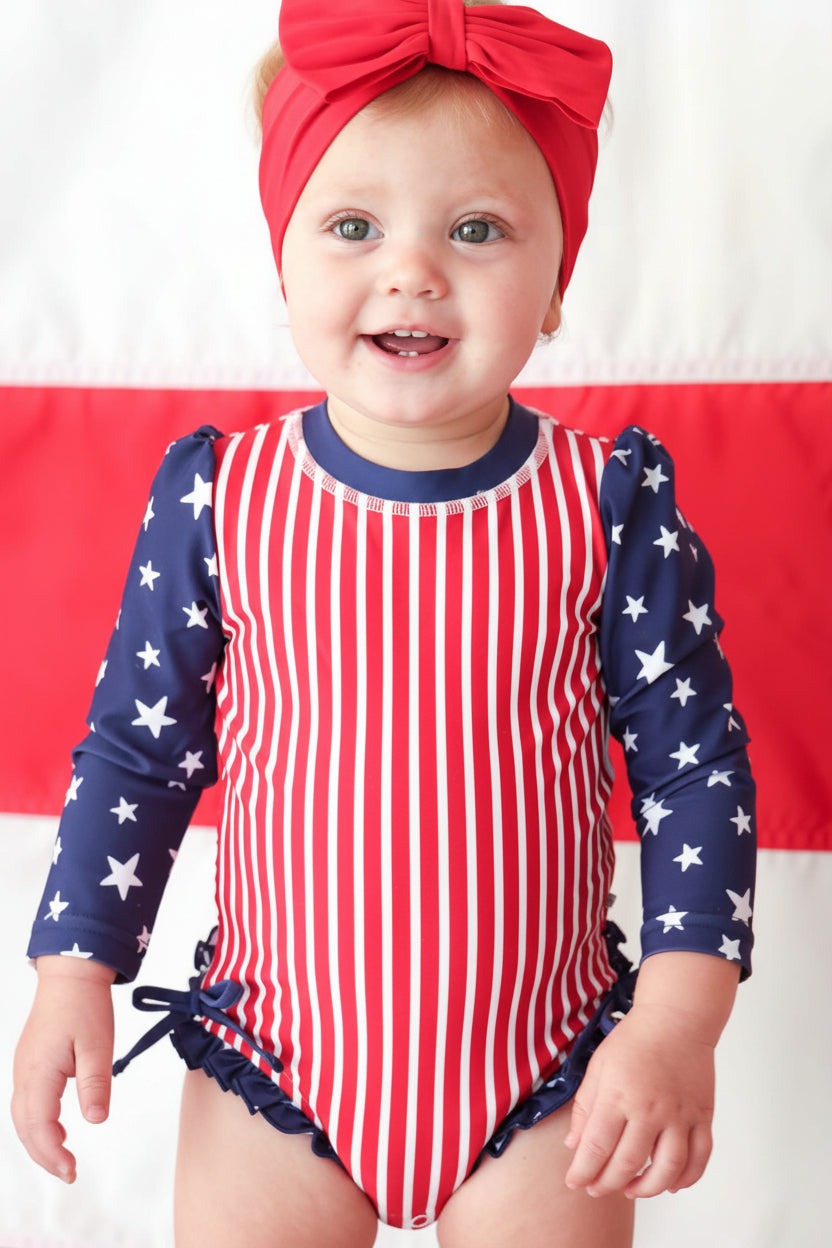 Long Sleeve Rash Guard With Ruffle Bottom | Stars & Stripes Party