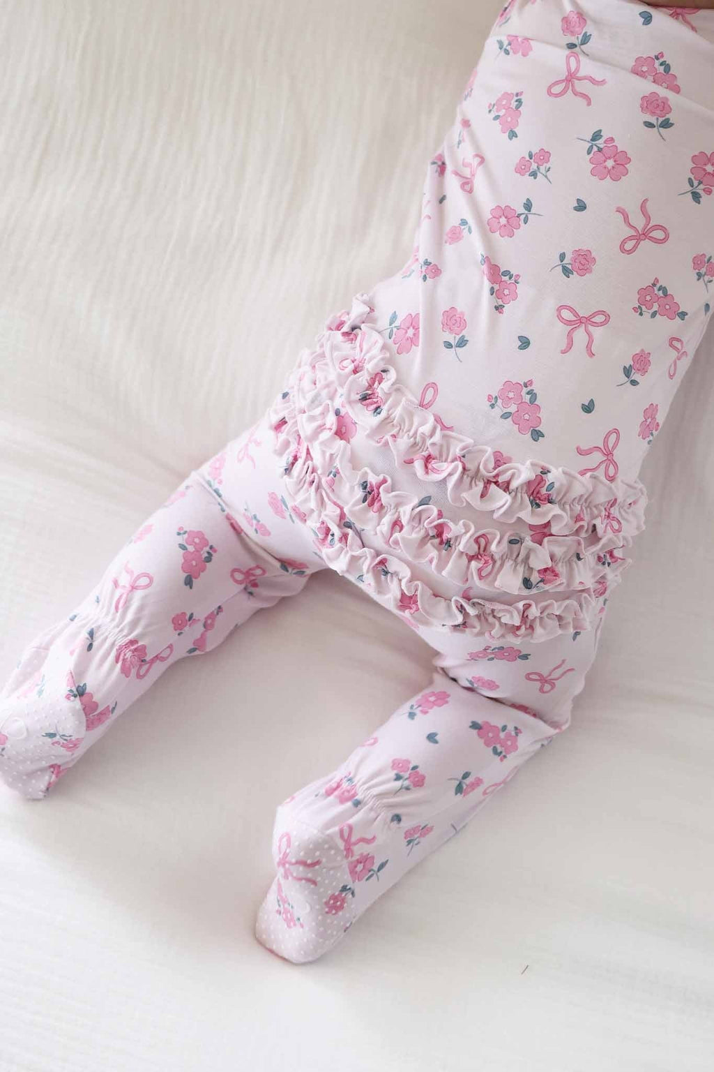 Ribbon & Roses Ruffle Zipper Footie | Pink
