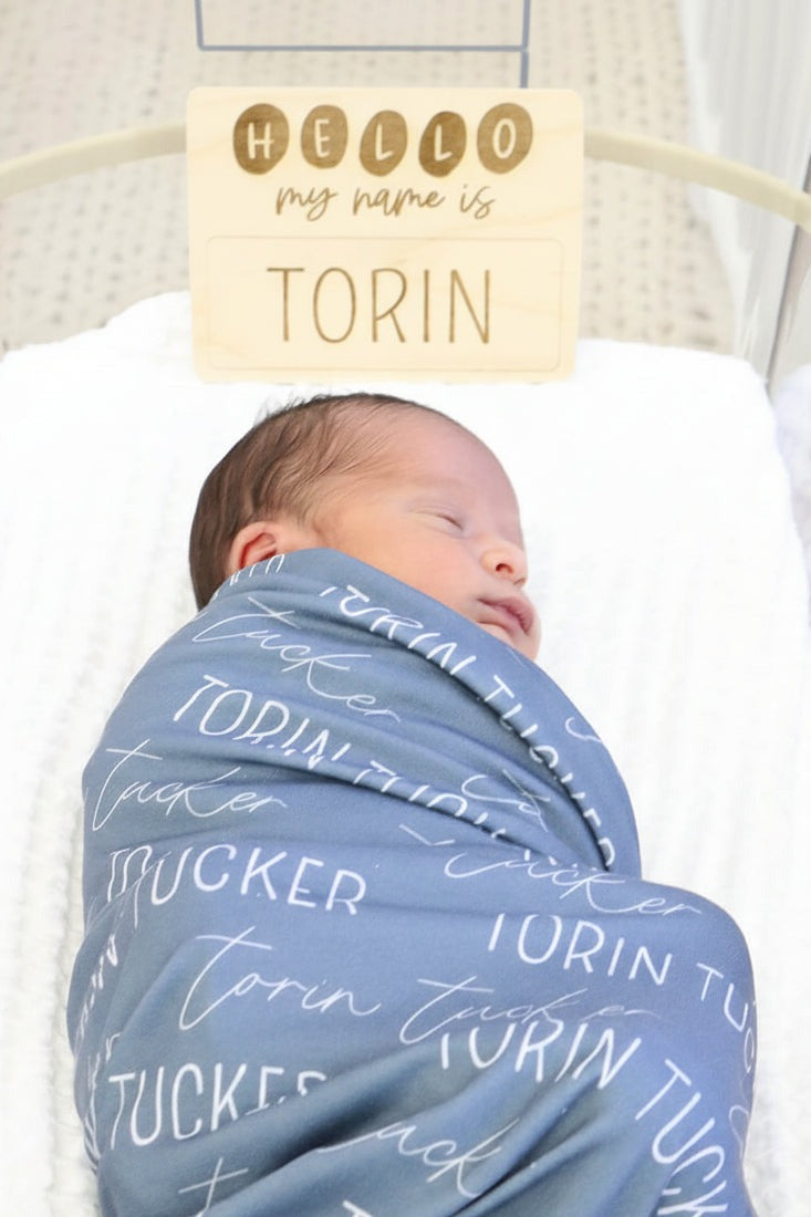 Personalized Dusty Blue Baby Name Swaddle Blanket - Block & Script