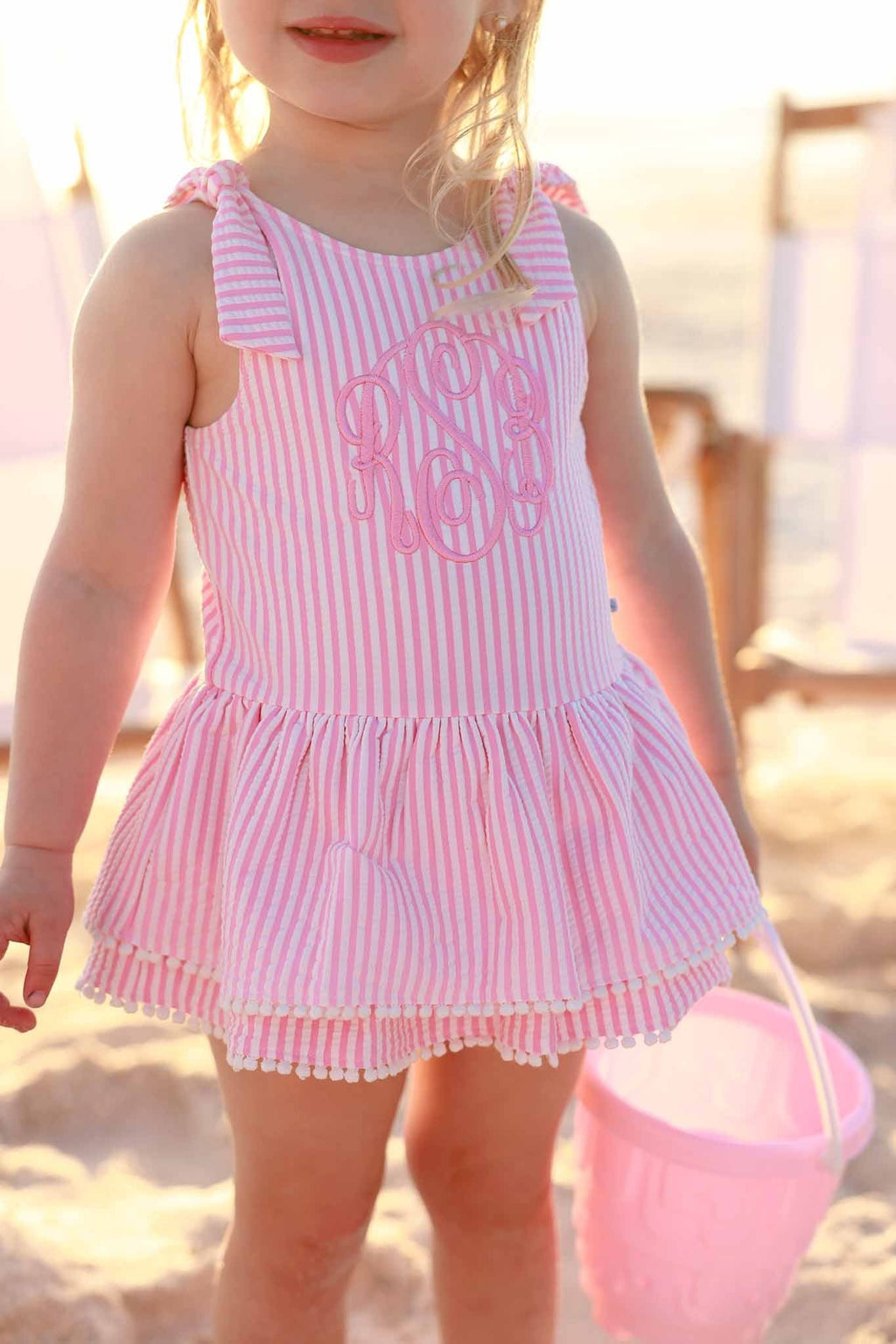 Tiered Skirt with White Pom Trim | Seersucker Dusty Pink