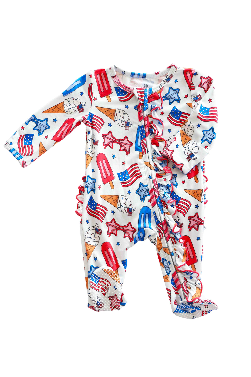 Ruffle Zipper Footie | Red, White & Cool