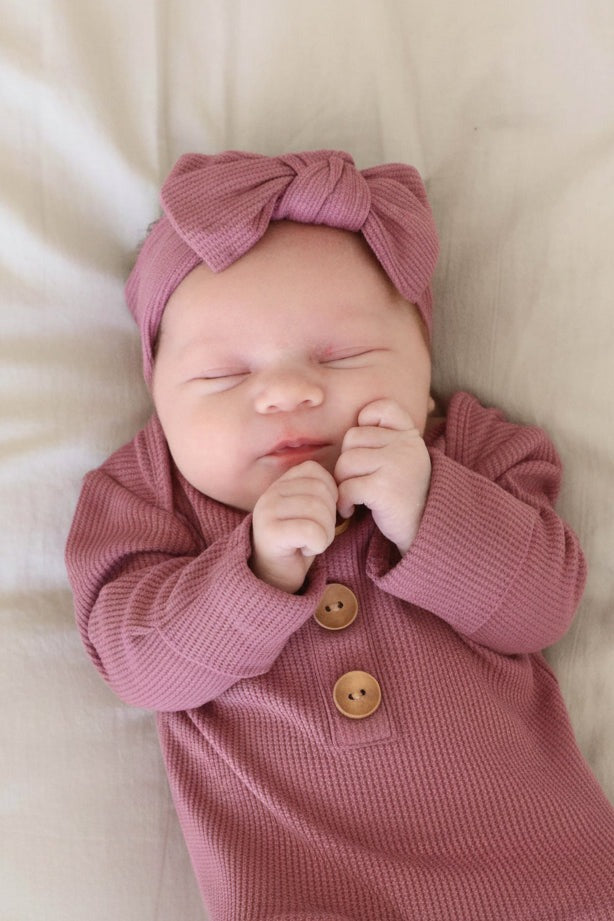 Boysenberry Bamboo Waffle Newborn Baby Knot Gown & Hat Set