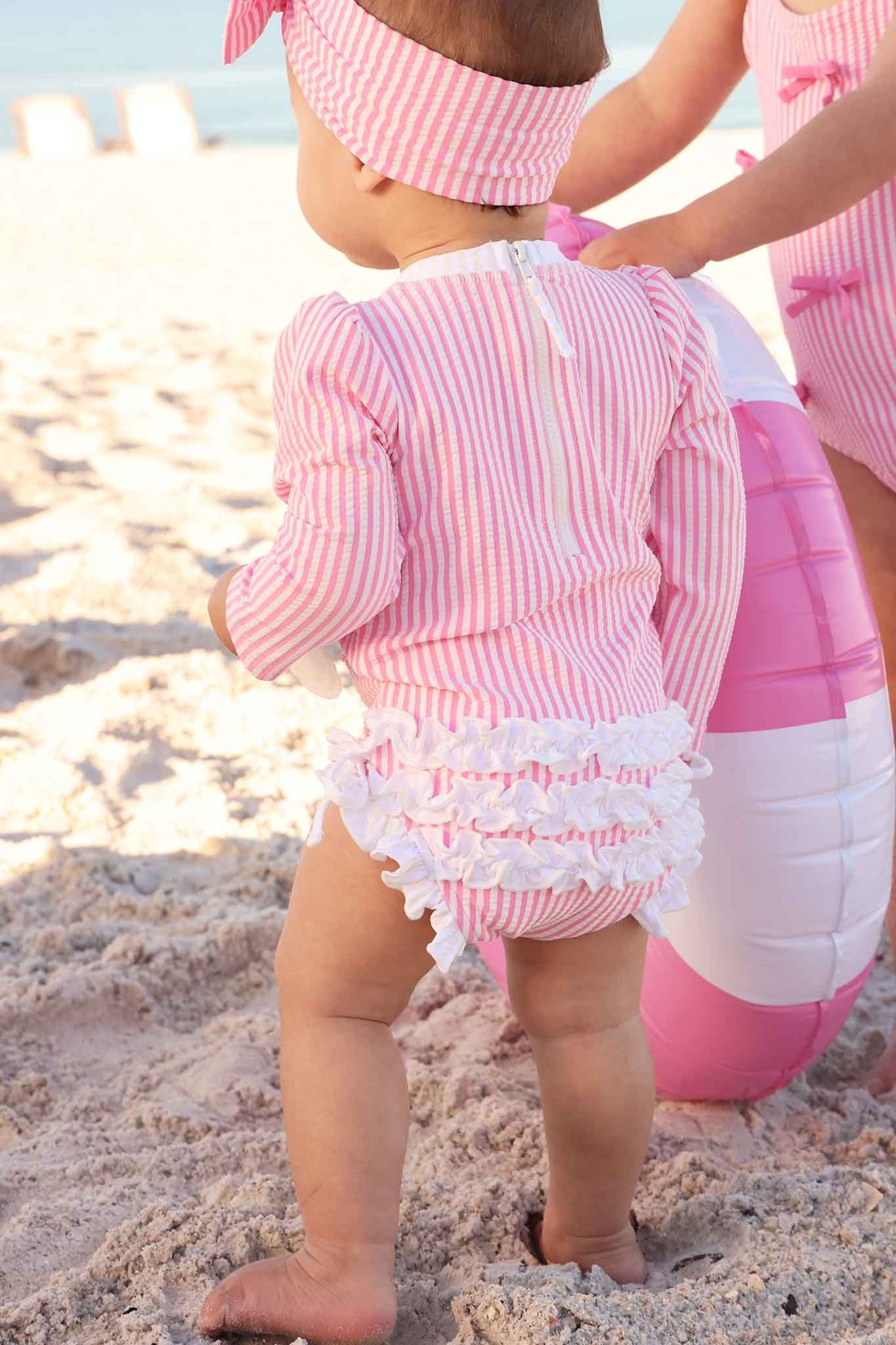 Long Sleeve Rash Guard with Ruffle Bottom | Seersucker Dusty Pink