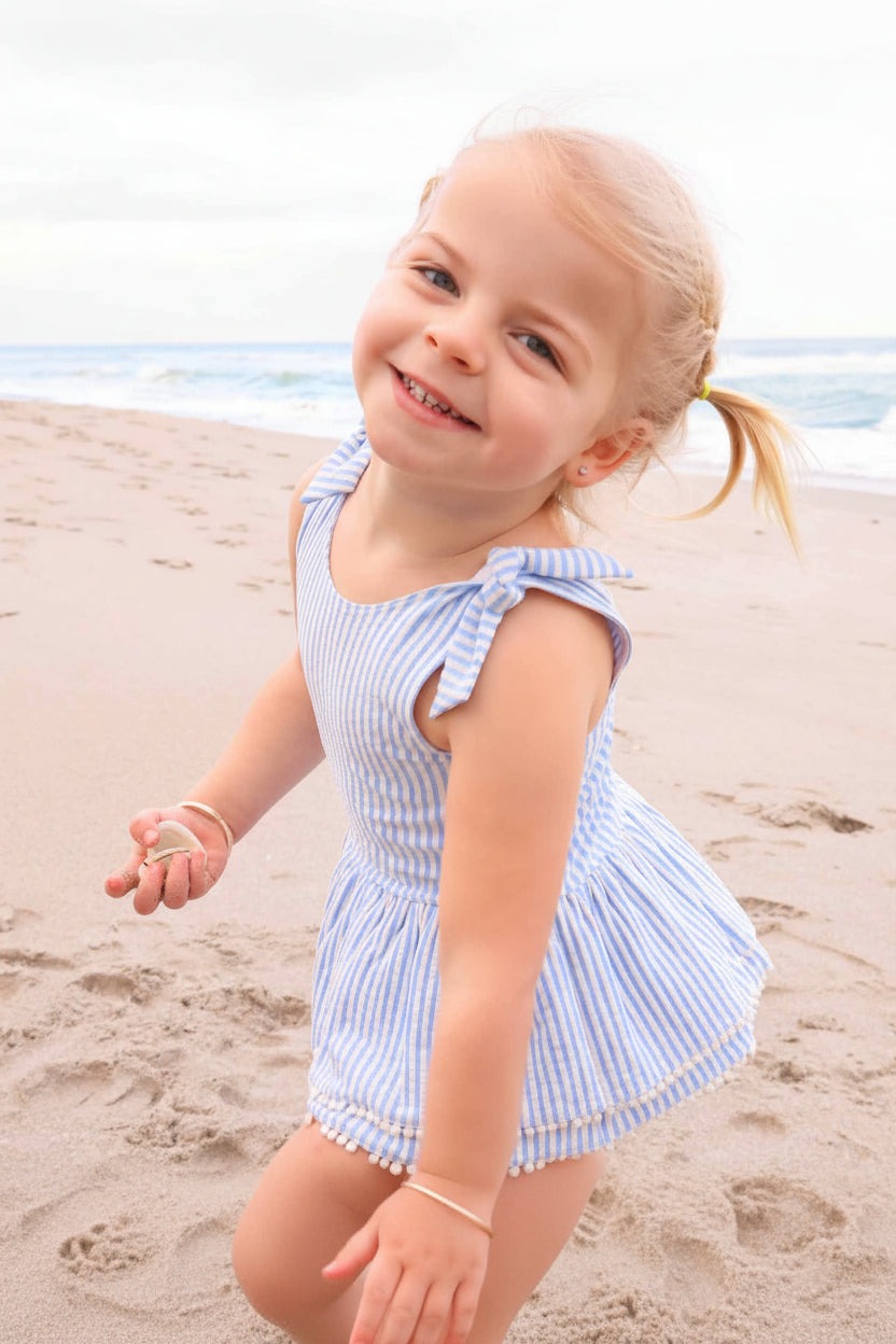 Tiered Skirt with White Pom Trim | Seersucker Blue