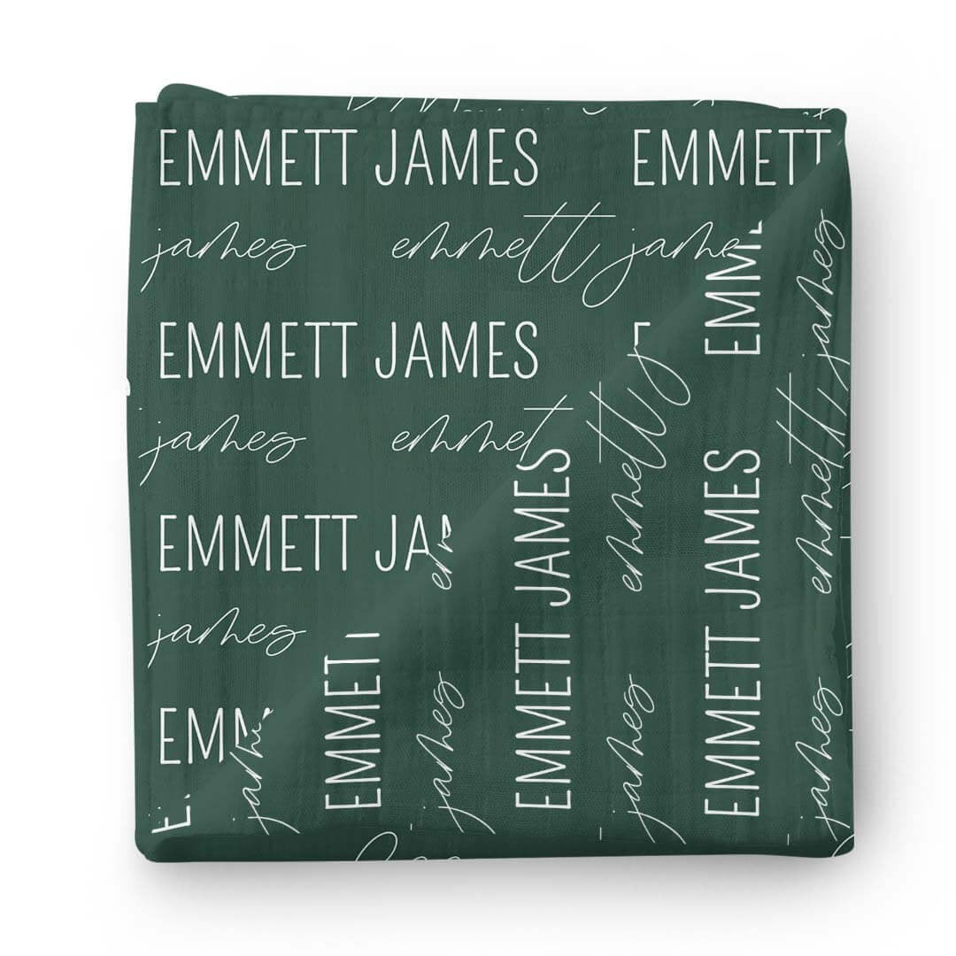 Personalized Forest Green Baby Name Swaddle Blanket - Block & Script