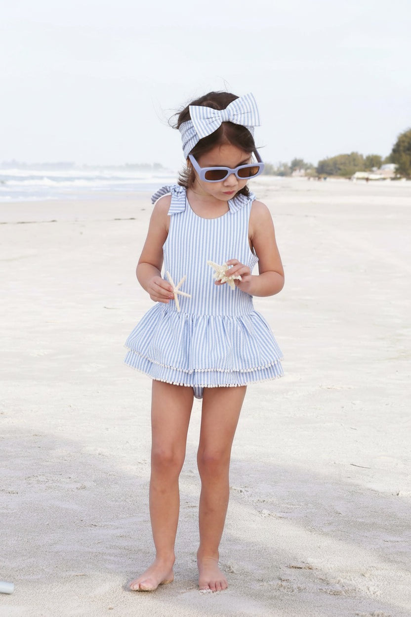 Tiered Skirt with White Pom Trim | Seersucker Blue