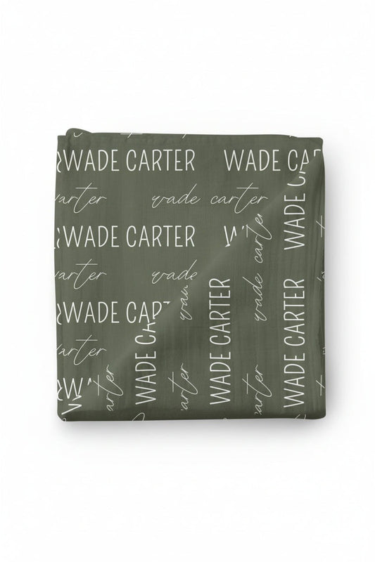 Personalized Olive Baby Name Swaddle Blanket - Block & Script