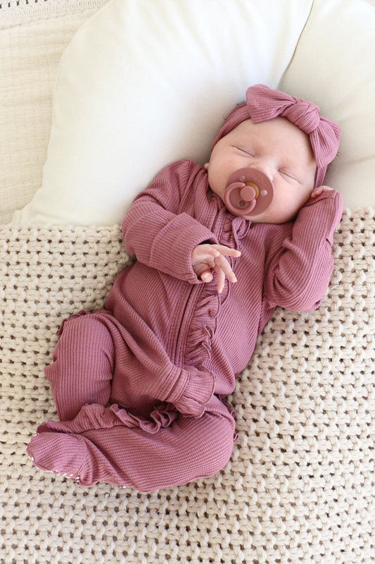 Boysenberry Bamboo Waffle Ruffle Zipper Footie