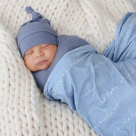 Personalized Powder Blue Baby Name Swaddle Blanket - Script