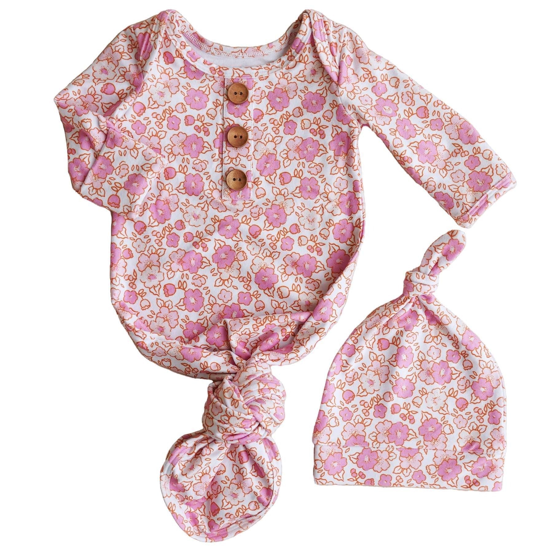 Palmer's Pink Floral Newborn Baby Knot Gown & Hat Set