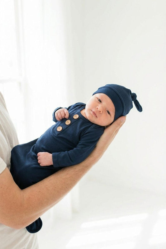 Solid Dark Navy Bamboo Baby Knot Gown & Hat