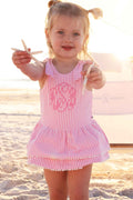 Tiered Skirt with White Pom Trim | Seersucker Dusty Pink