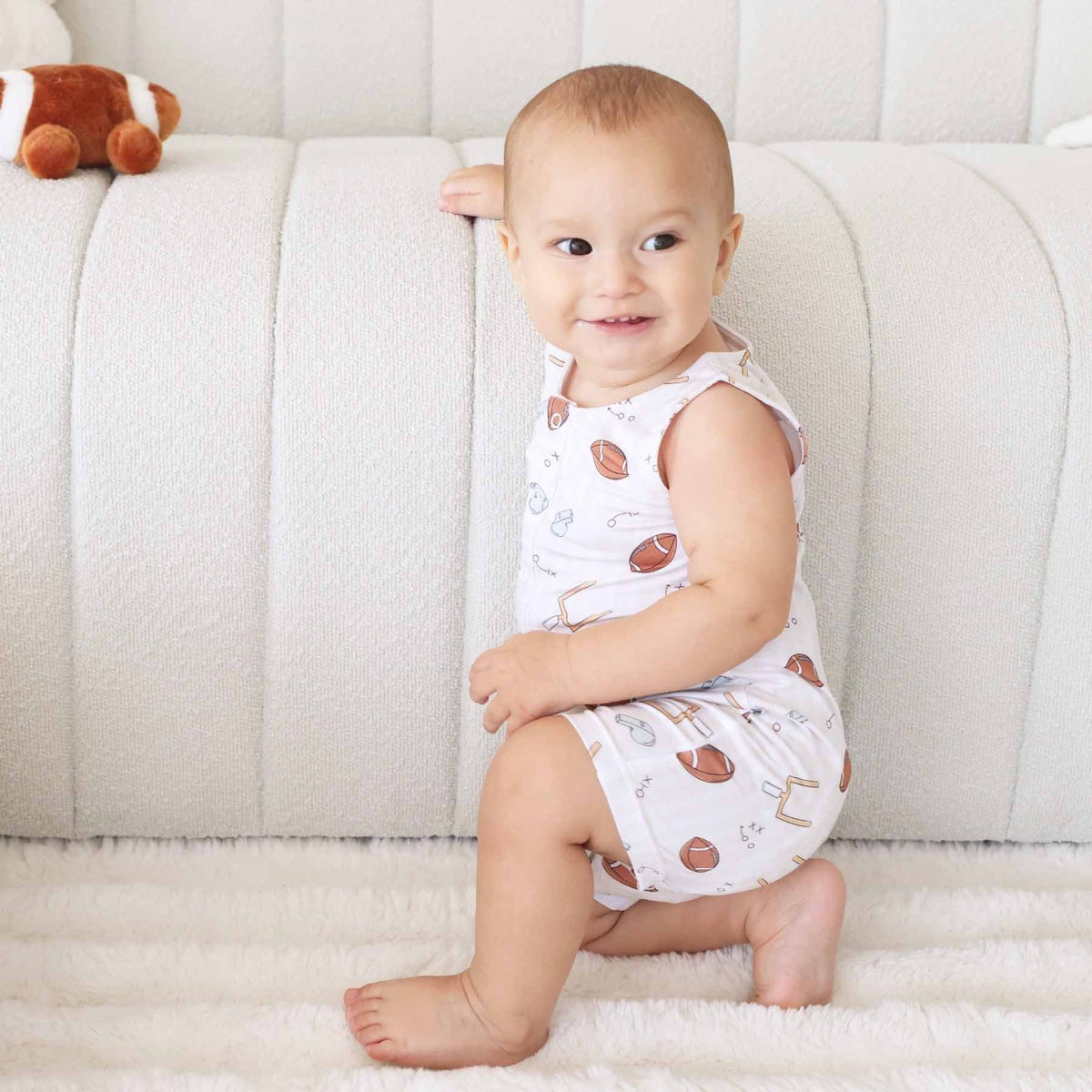 Sleeveless Snap Romper | Tiny Touchdowns Neutral