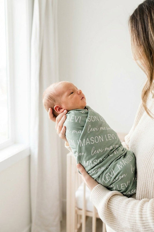 Personalized Eucalyptus Baby Name Swaddle Blanket - Block & Script