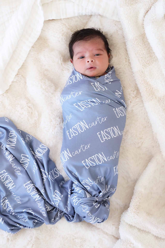 Personalized Baby Name Swaddle Blanket Font Duo | Blue Jean