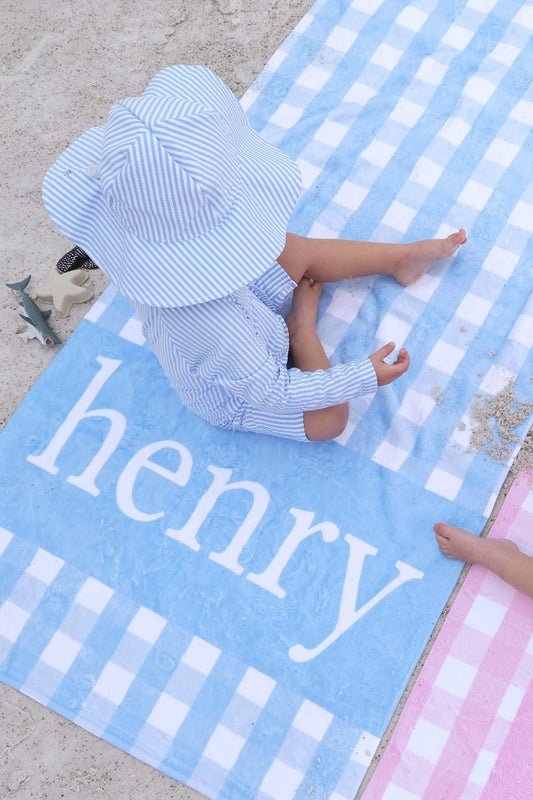 Personalized Kids Beach Towel | Blue Seersucker