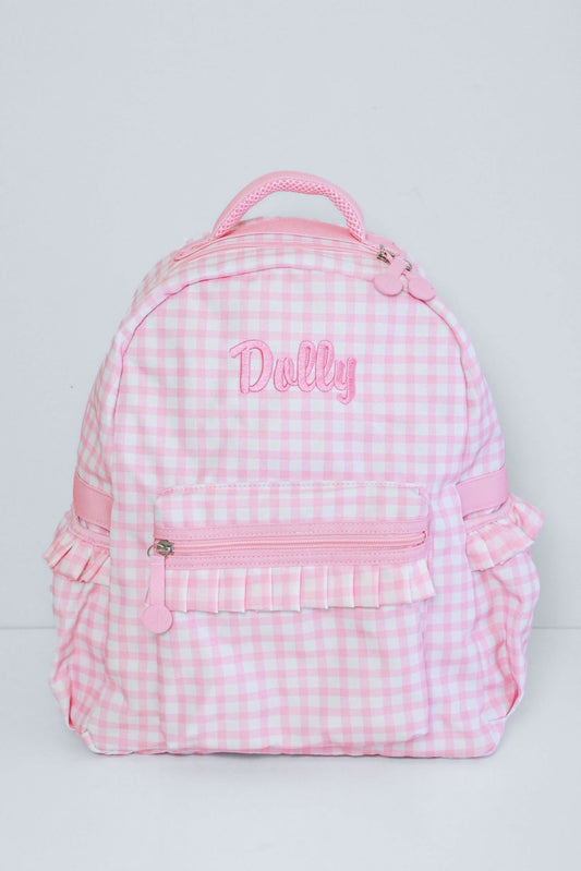 Kids Embroidered Ruffle Backpack | Pink Gingham