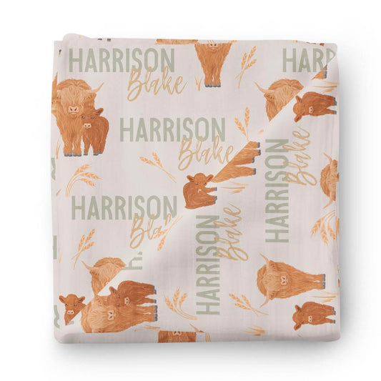 Happy Highland Cows Personalized Baby Name Swaddle Blanket