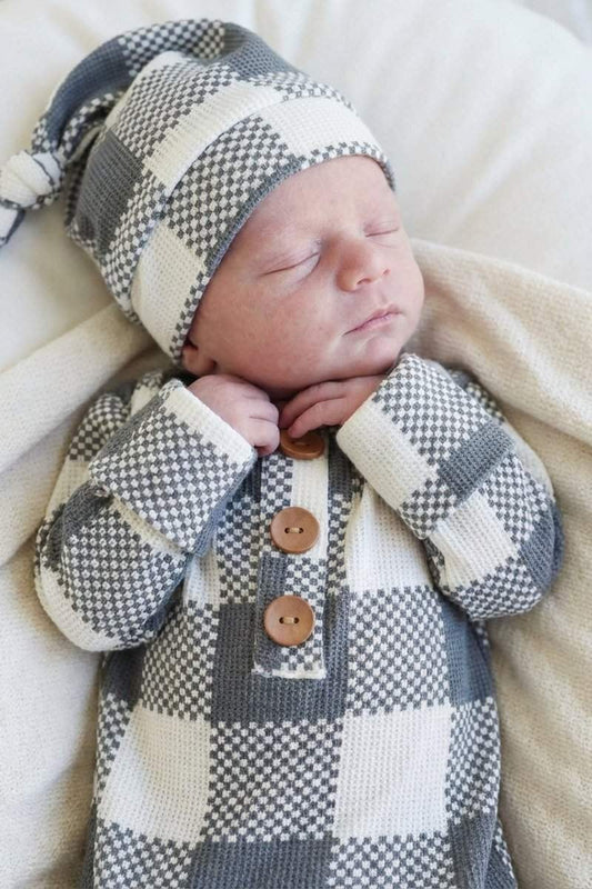 Big Check Bamboo Waffle Newborn Baby Knot Gown & Hat Set | Denim