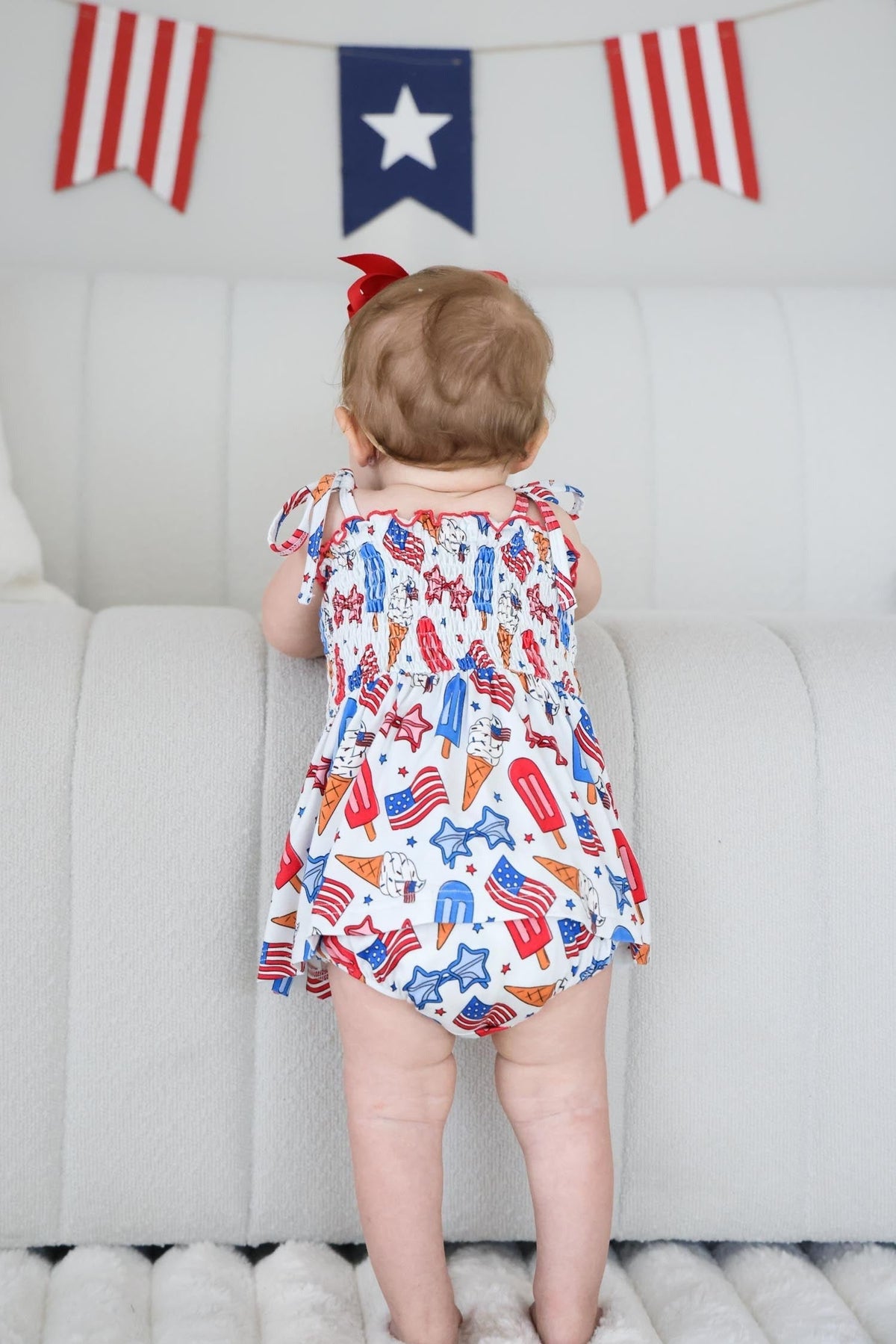 Smocked Twirl Bodysuit | Red, White & Cool
