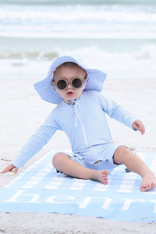 Long Sleeve Rash Guard Swim Romper Shortie | Seersucker Blue